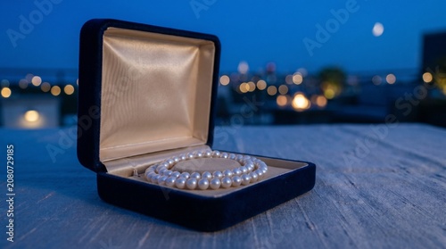Elegant pearl necklace in open velvet jewelry box at dusk, luxurious gift, shimmering pearls, sophisticated accessory, romantic evening.