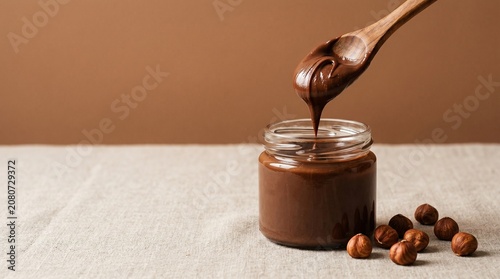 Fresh chocolate hazelnut spread being scooped by wooden spoon over glass jar filled with creamy nut butter and scattered roasted nuts on rustic linen background.