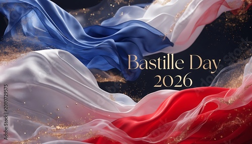Abstract french flag tricolor fabric waving with glitter particles for bastille day 2026 bastille tricolor national celebration background patriotic fourteenth abstract patriotism