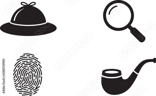 Sherlock Holmes detective icons in black silhouette on white background for mystery and crime investigation