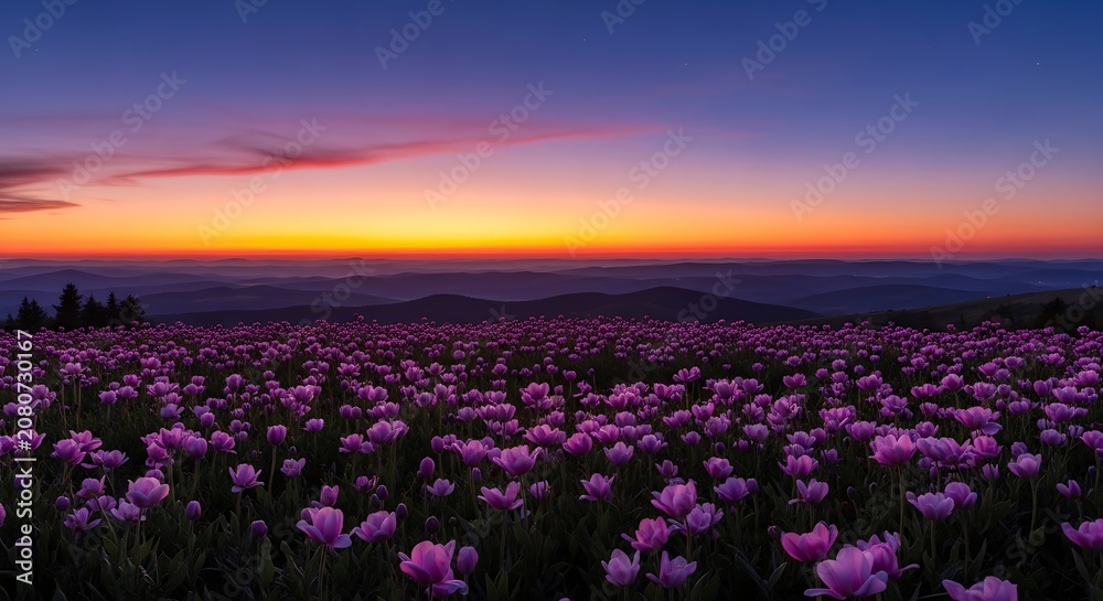 Fototapeta premium Vibrant purple flowers at colorful sunset.