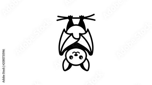 Black and white line drawing of a bat hanging upside down