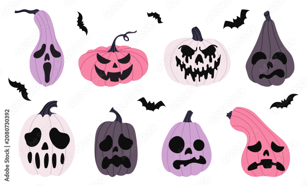 Fototapeta premium Set spooky Halloween pumpkins with scary faces and bats. Cute pink, purple and white pumpkins collection in flat style for holiday decorations, party invitations, stickers or posters.