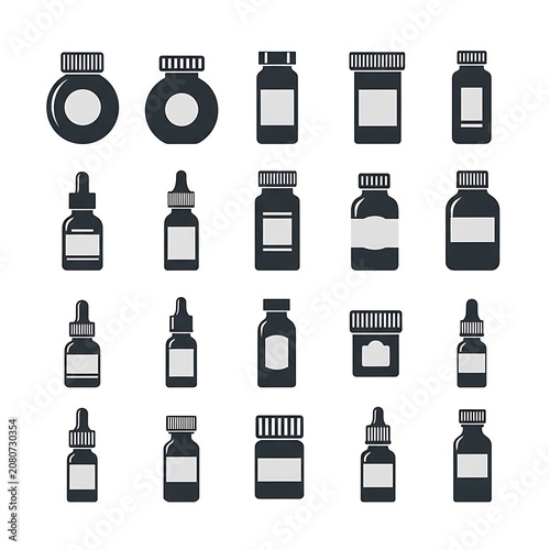 Minimalist black icons of bottles and containers.