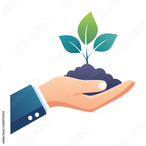 Hand holding a young plant sprout in soil
