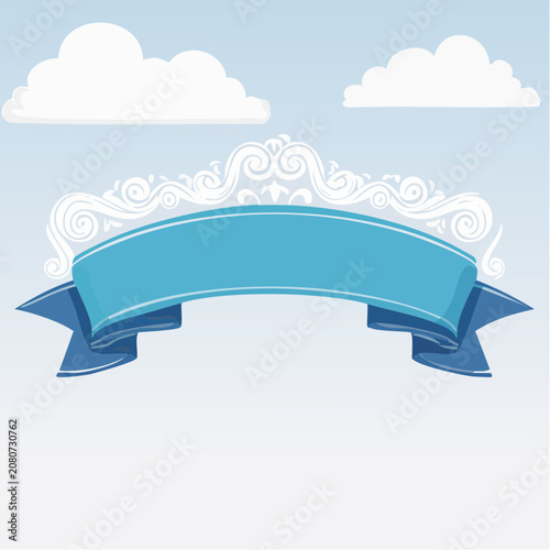 Blue decorative banner ribbon with scroll design