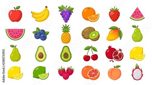 Colorful fruit and flower vector illustration set.
