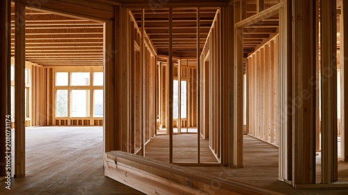 Modern Residential Timber Frame Interior Under Construction with Exposed Wooden Studs and Open Floor Plan