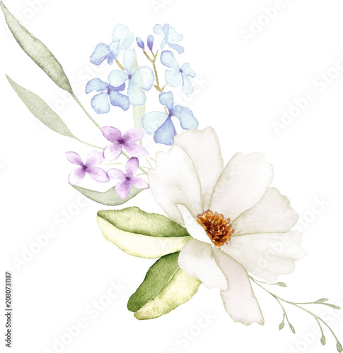 Watercolor Blue Floral Botanical Bouquet Illustration