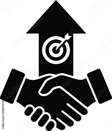Black silhouette handshake with upward arrow and target on white background, symbolizing partnership and goal achievement in business