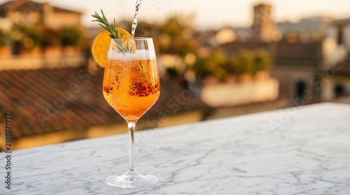 фотографія Refreshing orange spritz cocktail being poured into stemmed glass with rosemary garnish on marble ledge overlooking blurred sunset city rooftop view in summertime