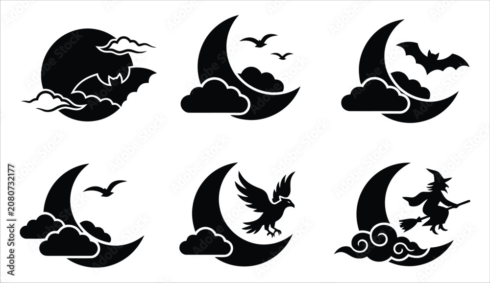 Obraz premium Halloween silhouette icons bats birds witch on moon