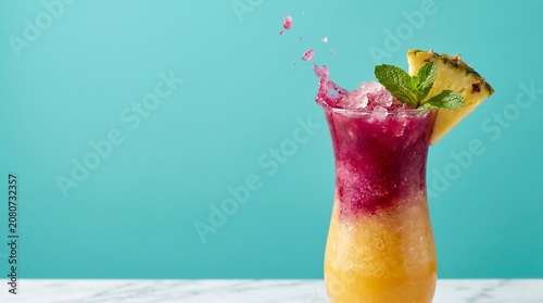 Fotografia Vibrant layered cocktail with crushed ice and mint garnish, splash of liquid, pi