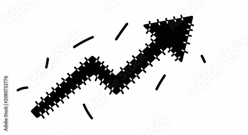 Black arrow graph pointing upwards with stitched texture, symbolizing growth and progress.