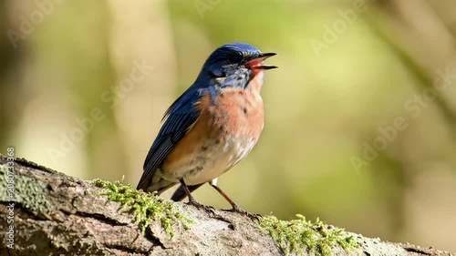 Colorful small bird with blue and orange plumage perched on a mossy tree branch