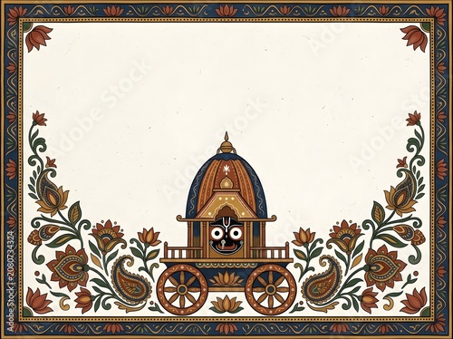 Simple jagannath rath chariot design with traditional floral paisley border.
