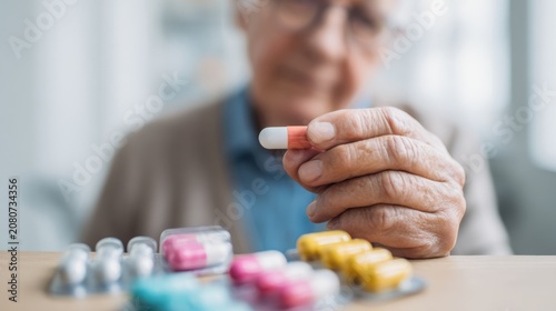 Elderly patient holding a medication capsule in a medical setting with various pills