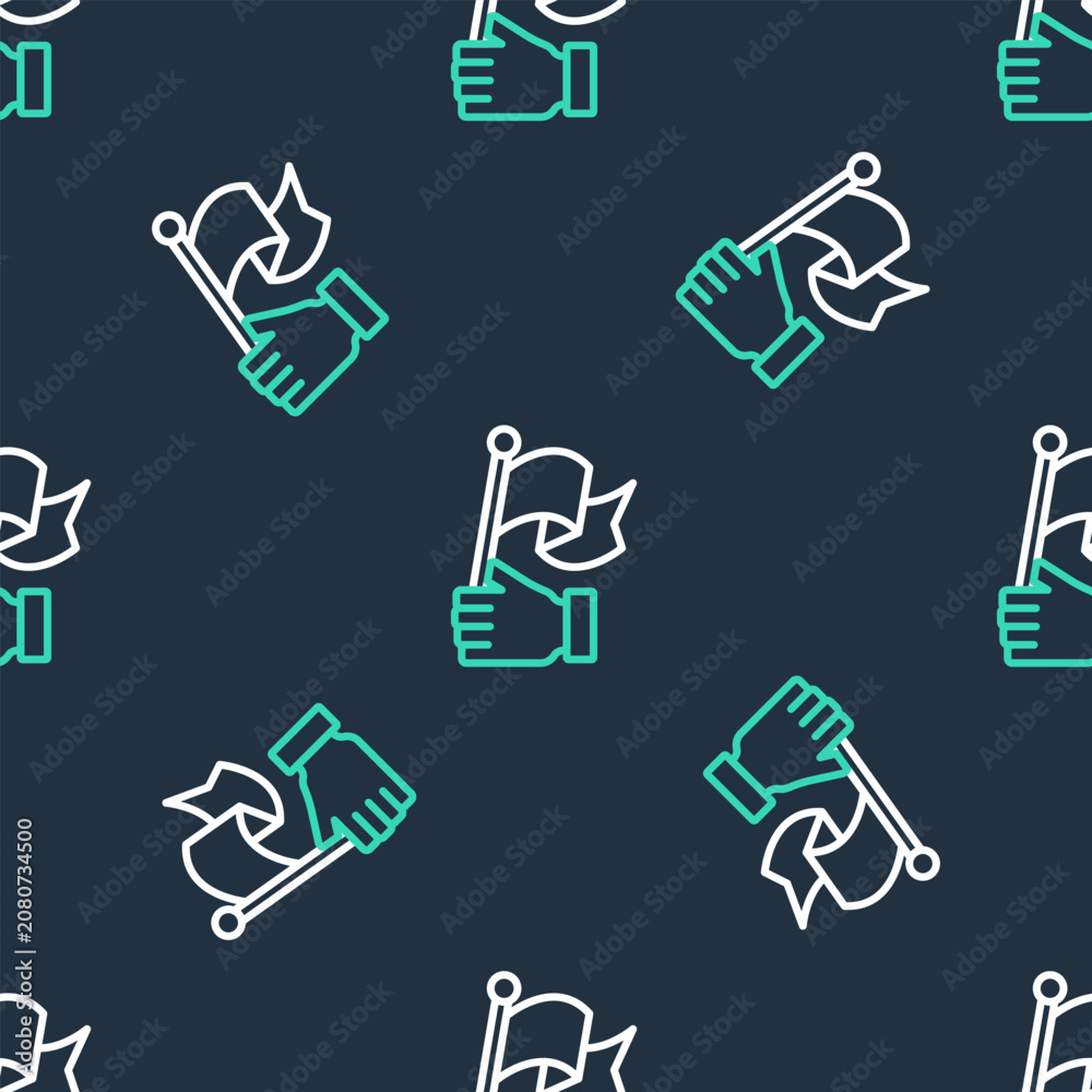 Obraz premium Line Hand holding flag icon isolated seamless pattern on black background. Victory, winning and conquer adversity concept. Vector