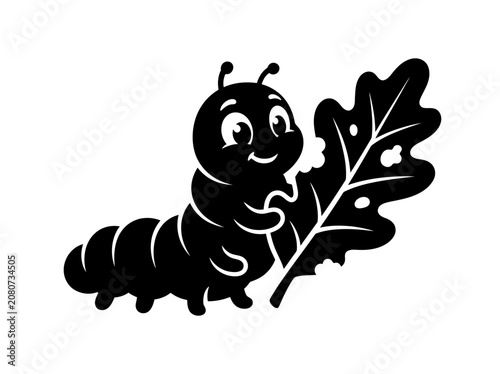 Cute Black Caterpillar Eating a Green Leaf Silhouette.