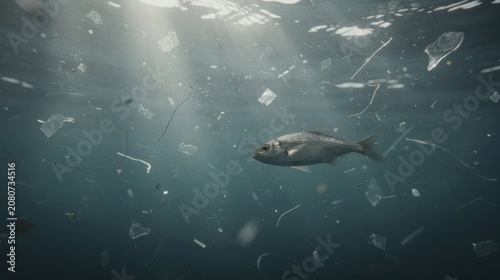 Fish swimming through ocean microplastics pollution