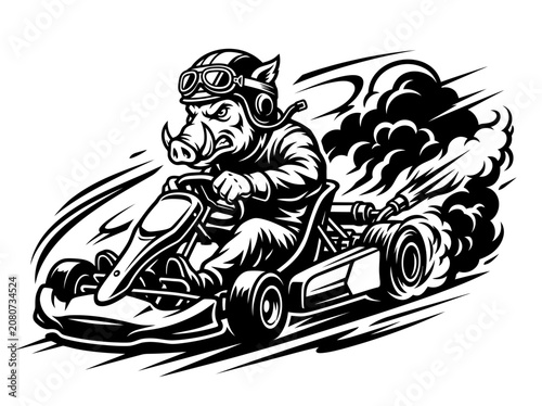 Aggressive Boar Character Racing a GoKart with Smoke.