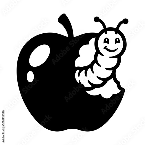 Cute cartoon caterpillar eating a bitten apple illustration.