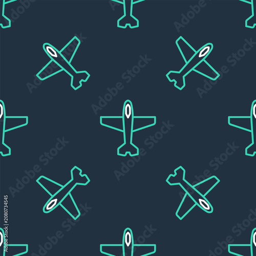 Line Plane icon isolated seamless pattern on black background. Flying airplane icon. Airliner sign. Vector