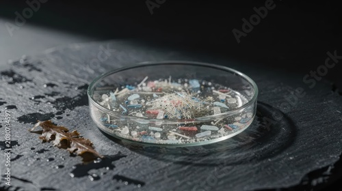 Microplastics in petri dish, ocean pollution concept
