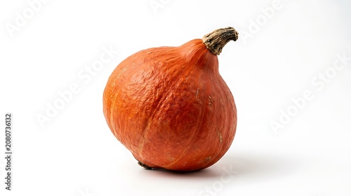Single red apple with green leaf on white background.