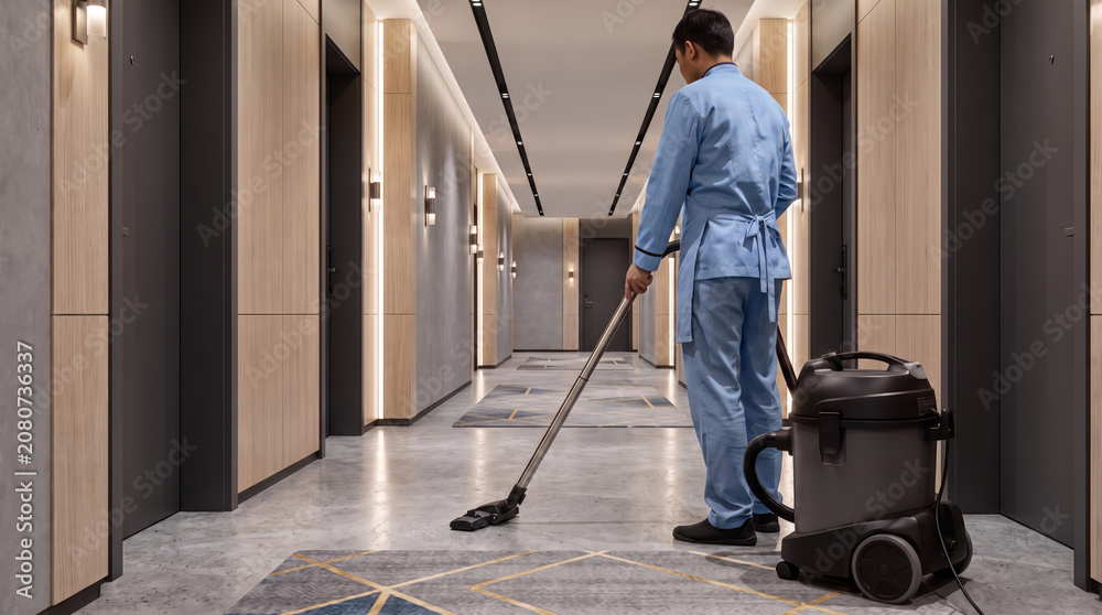 Fototapeta premium Male cleaner vacuuming a hotel corridor with professional equipment. Janitor in blue uniform cleaning carpeted hallway. Commercial housekeeping service concept.