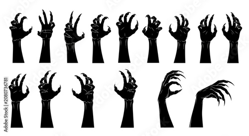 Foto Halloween monster hands, black claw silhouettes, 13 zombie hand gestures, spooky