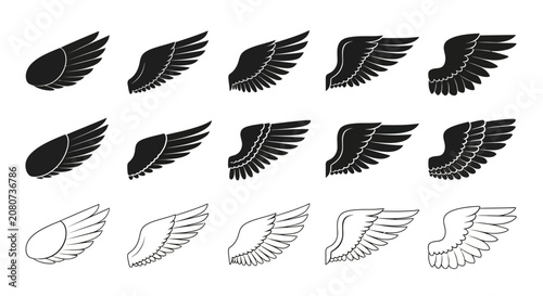 Wing icons, feather symbols, angel wings, wing graphics, 14 wing designs