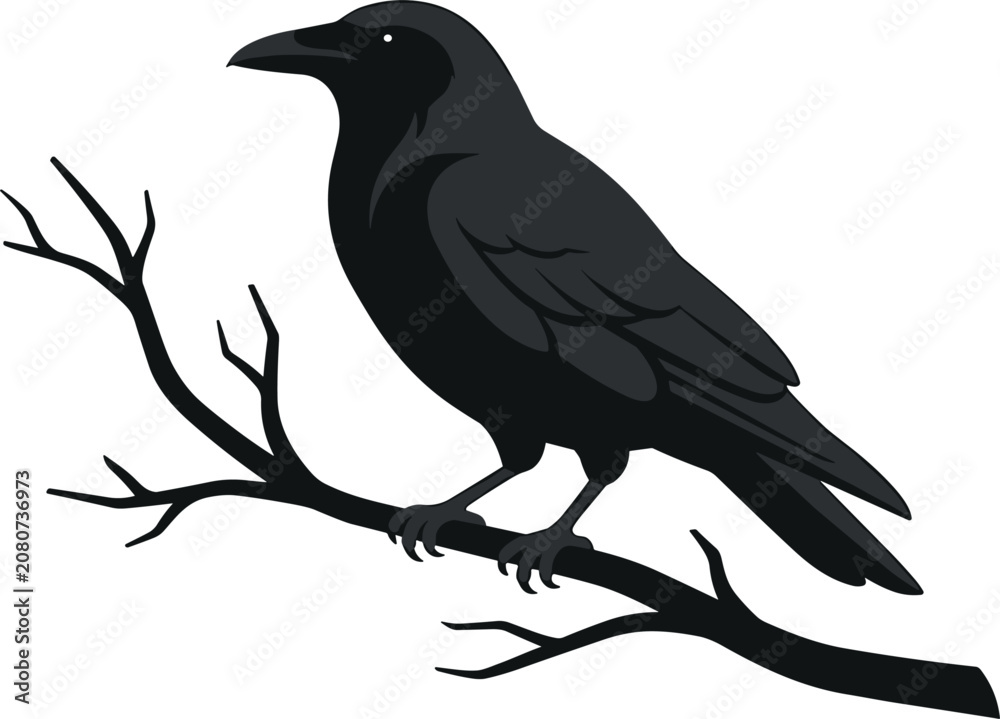 Fototapeta premium Black raven bird perched on a bare branch silhouette, spooky gothic dark crow vector illustration graphic asset
