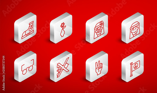 Fényképezés Set line Flag peace, Flower in vase, Hippie girl, Peace symbol, Sneakers, No war and Glasses icon
