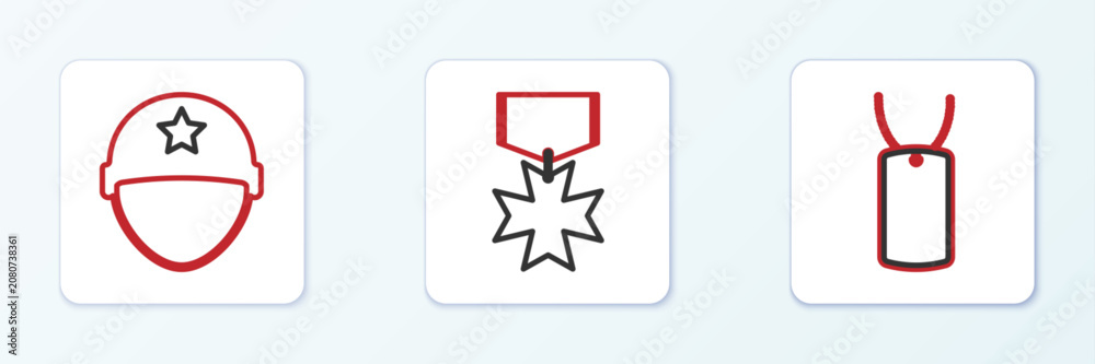 Fototapeta premium Set line Military dog tag, helmet and reward medal icon. Vector