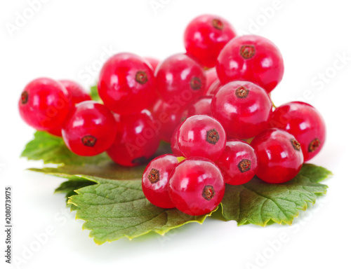 Heaping bunch of ripe red currants with green leaf isolated on white background