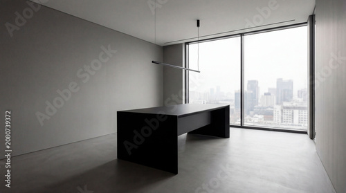 Minimalist executive office with panoramic city view and sculptural black desk