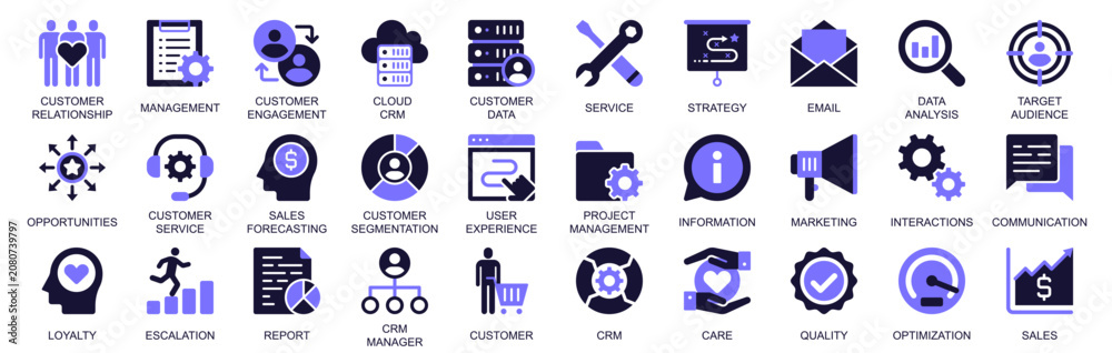 Fototapeta premium CRM icon set in duotone solid icons web design. Pack pictograms of customer relationship, engagement, management, data analysis, strategy, target audience, opportunity, more. Vector illustration.