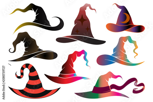 A Collection of Colorful and Spooky Halloween Witch Hats vector illustration