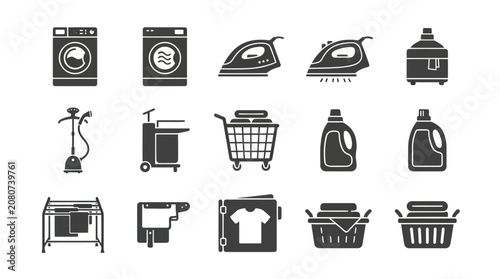 A monochrome flat vector icon set of 9 industrial laundry tools including washing machine, dryer machine, steam iron, garment steamer, laundry cart, detergent bottle, cloth rack, folding board
