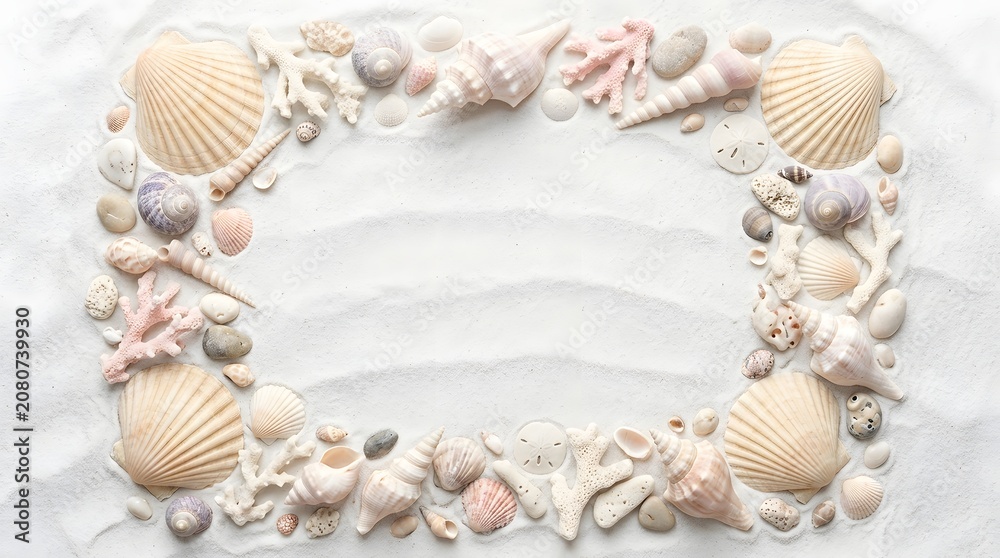 Obraz premium Seashell Border Frame on White Sand Beach.