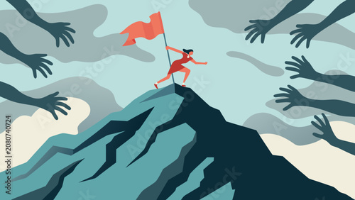 Foto A person running with a red flag atop a mountain surrounded by reaching hands ve