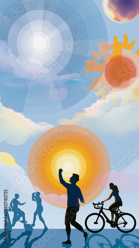Colorful illustration of people exercising and staying active, perfect for fitness campaigns, wellness programs, healthcare, sports and healthy living concepts.