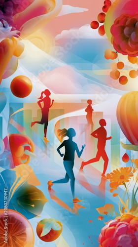 Colorful illustration of people exercising and staying active, perfect for fitness campaigns, wellness programs, healthcare, sports and healthy living concepts.