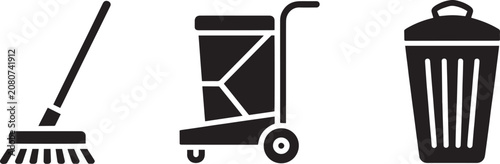 Cleaning tools including a mop, a janitorial cart, and a waste bin are displayed as utility icons for facility management.
