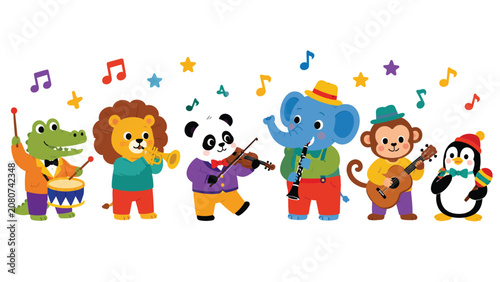 Cute animals playing musical instruments in a marching band group.