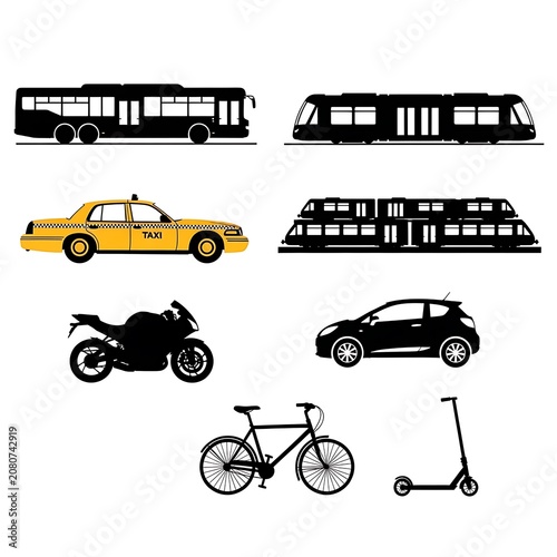 Collection of colorful vehicles and bicycles lineup illustration.