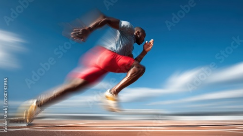 Dynamic male sprinter exploding off starting blocks on track with motion blur