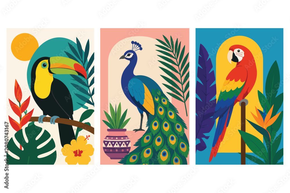Fototapeta premium Beautiful Tropical Birds Banner Collection With Exotic Plants.