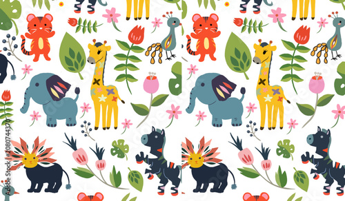 Photography cute cartoon jungle animals seamless pattern for kids textile.